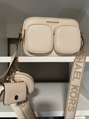 Michael Kors Cream Pebble Leather Dual-Pocket Crossbody with Branded Strap